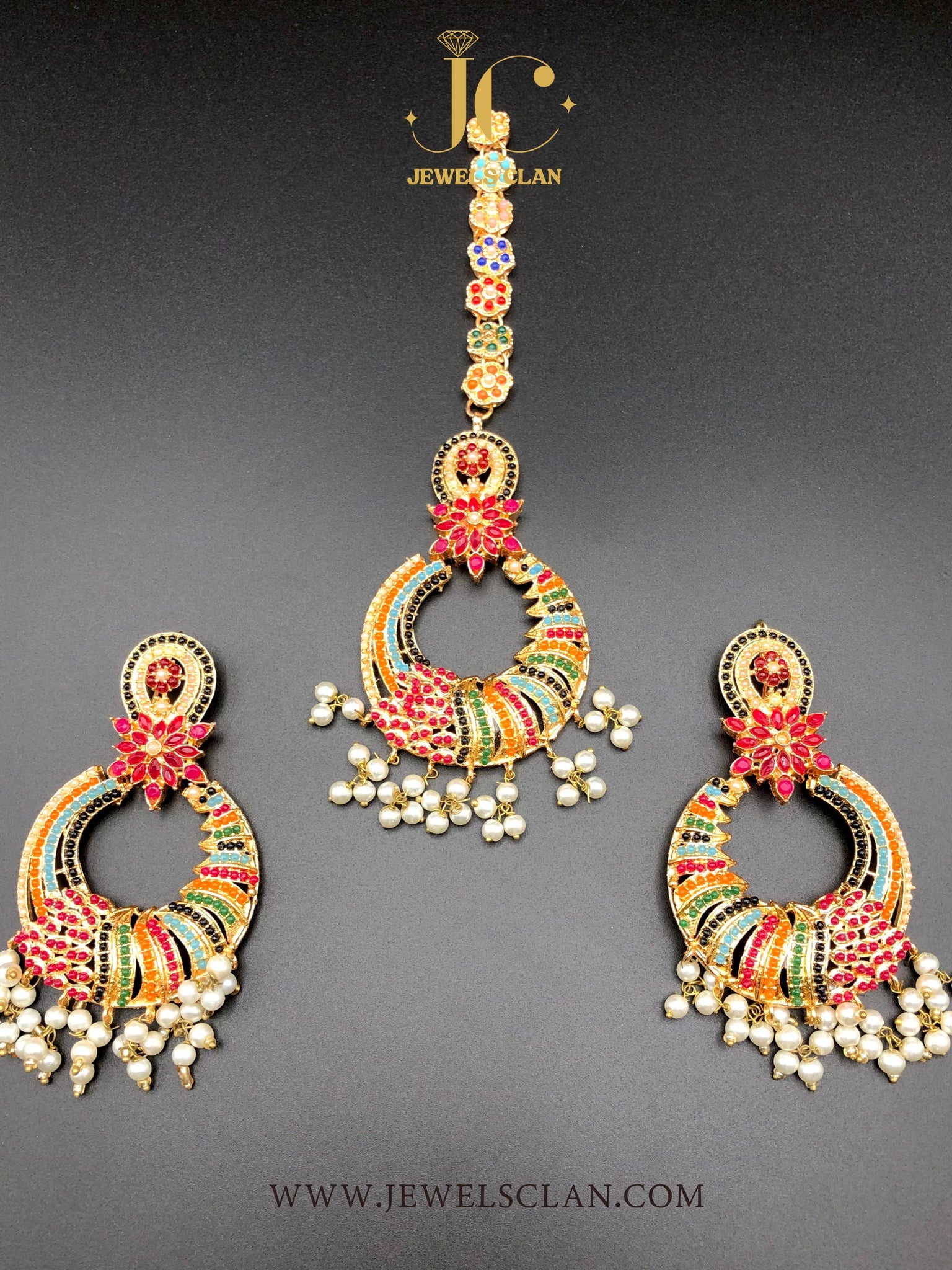 Ethnic Naurattan Earrings/Tikka Set(Red)