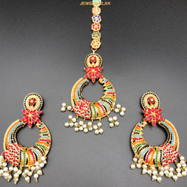 Ethnic Naurattan Earrings/Tikka Set(Red)