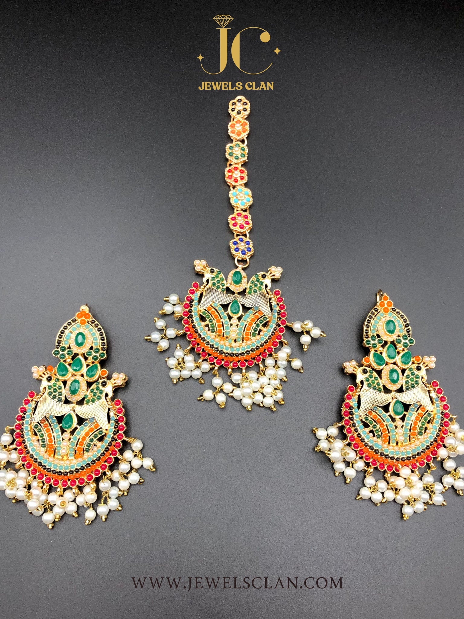 Retro Naurattan Earrings/Tikka Set(Green)