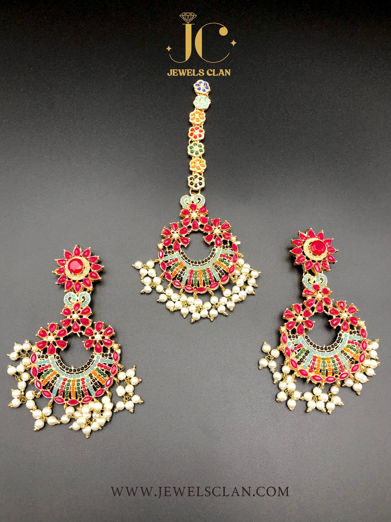 Floral Naurattan Earrings/Tikka Set(Red)