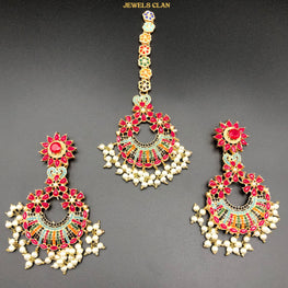 Floral Naurattan Earrings/Tikka Set(Red)