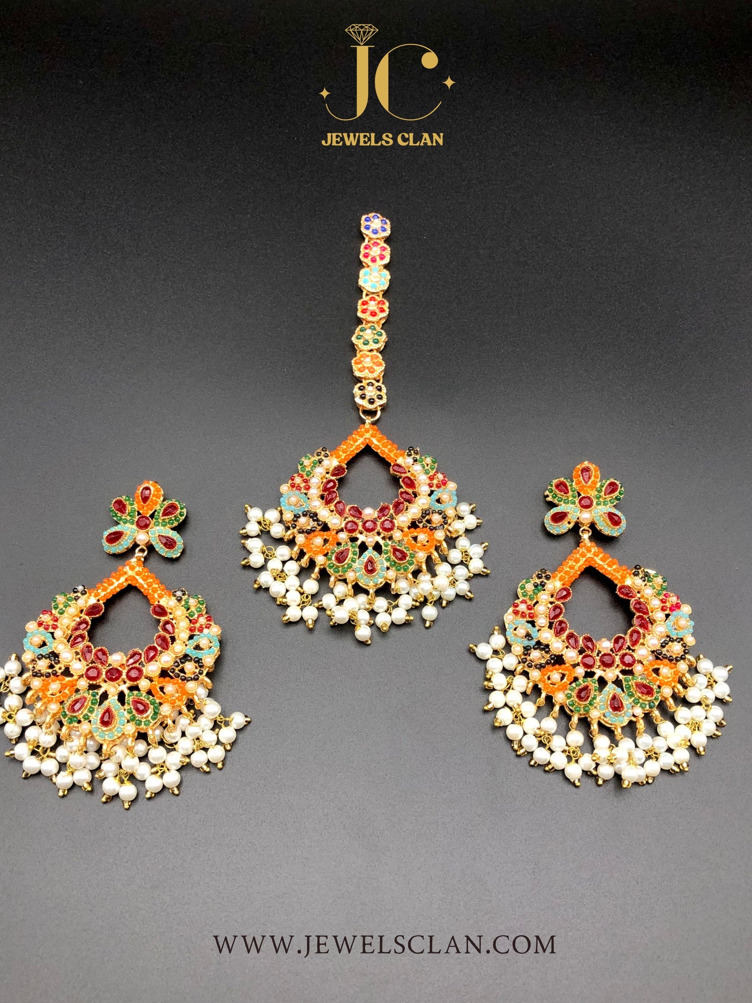 Elegant Naurattan Earrings/Tikka Set(Ruby Red)