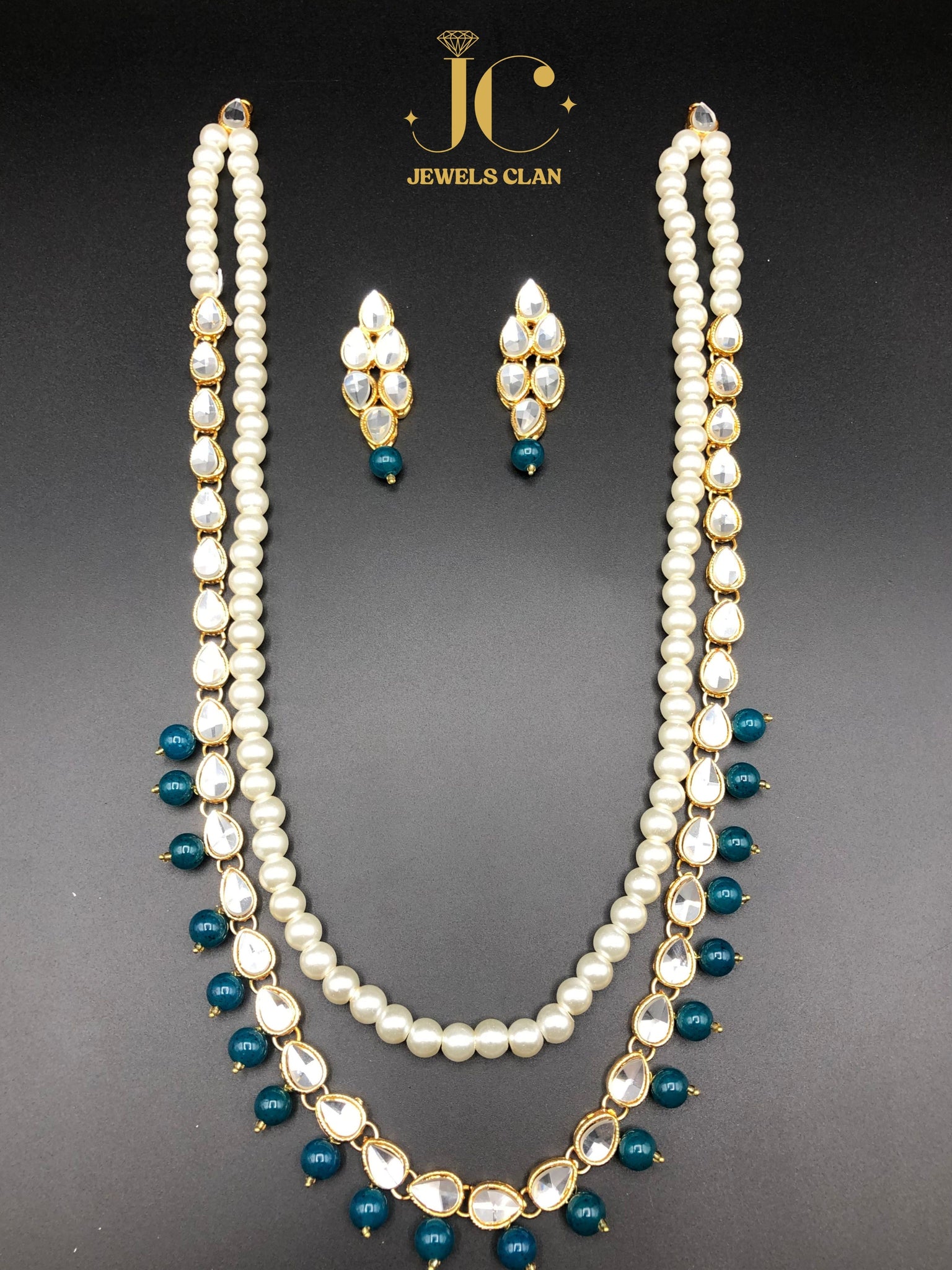 Kundan Maala with Earrings(Bottle Green)