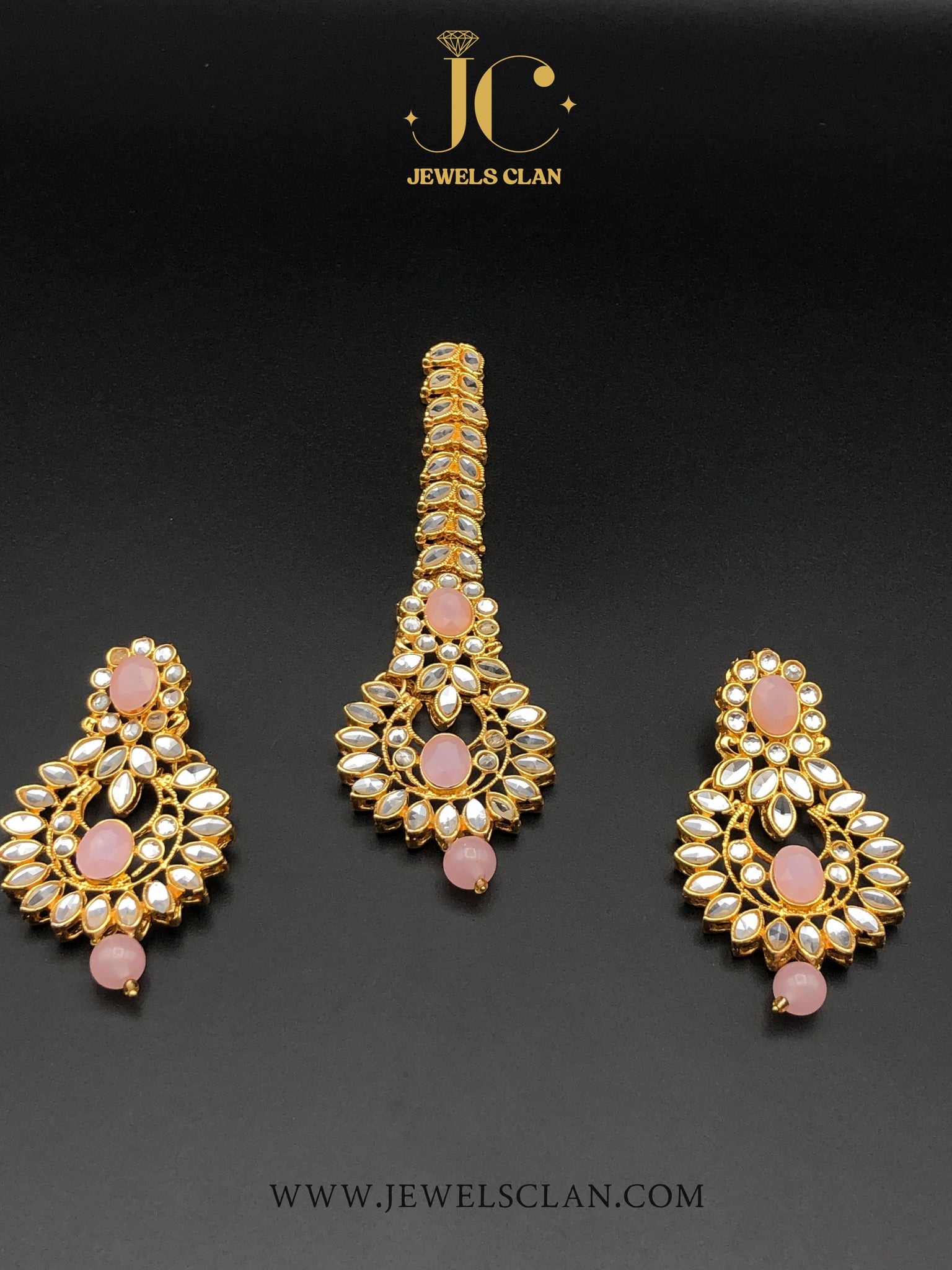 Kundan Earrings/Tikka Set(Gold-Pink)