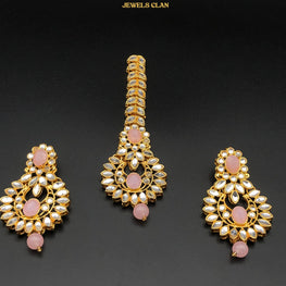 Kundan Earrings/Tikka Set(Gold-Pink)